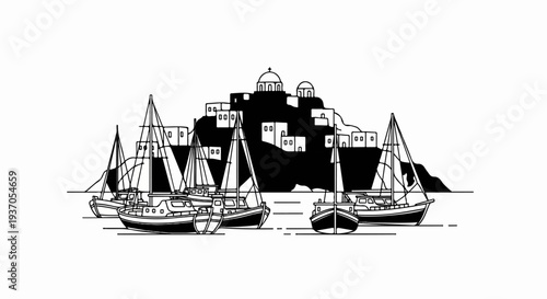 A scenic illustration of sailboats docked near a village atop a hill