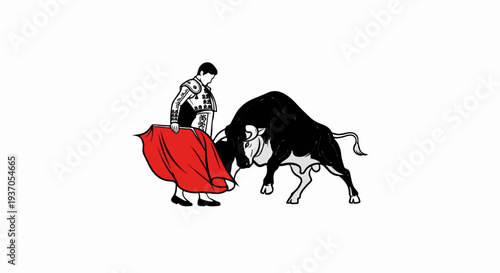 A matador faces a charging bull, holding a red cape