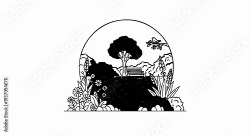 A serene garden scene with a lone tree, bench, and bird under an arch