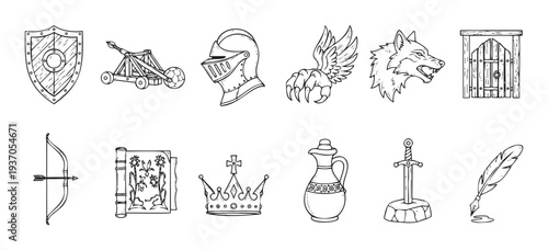 Assortment of hand drawn medieval objects and mythical symbols providing essential graphic resources for historical games, adventure stories, or vintagethemed applications.
