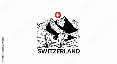Stylized cow in Swiss mountains with cross emblem and text