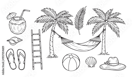 Black and white tropical summer vacation elements featuring palm trees, a comfortable hammock, a coconut drink, flipflops, seashells, and beach gear for holiday and travel themed content.