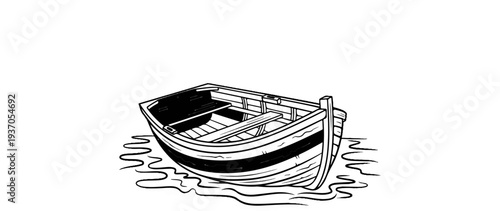 A simple black and white sketch of a wooden rowboat floating on rippling water