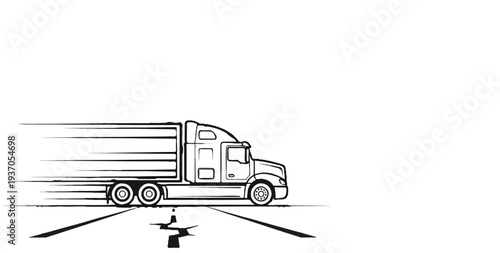 Stylized black line drawing of a fast-moving truck on a road