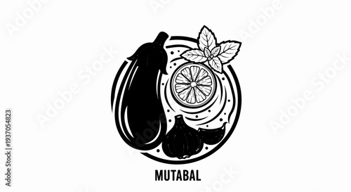 Black and white graphic of eggplant, lemon, mint, and garlic in a circle