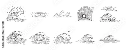 Hand drawn ocean waves and water elements for nature themed branding, surf shop logos, travel brochures, and marine environment designs