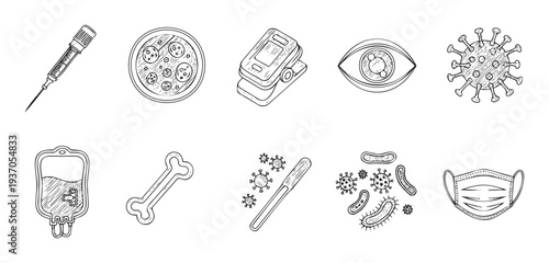 Medical laboratory equipment and healthcare elements vector collection ideal for scientific research, disease prevention, and public health awareness campaigns