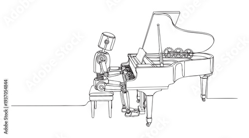A mechanical robot plays a grand piano with visible gears in a continuous line drawing, ideal for symbolizing the future of automated music and technological innovation.