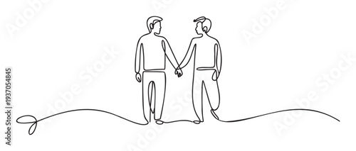 Continuous line drawing of two men holding hands, symbolizing connection, partnership, and unity for relationshipthemed projects, LGBTQ support materials, or minimalist graphic resources.