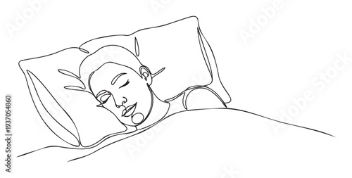 A woman peacefully sleeping on a pillow under a blanket drawn with a single continuous line style perfect for wellness blogs or relaxation product packaging.
