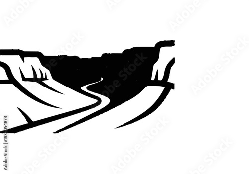 Black and white illustration of a winding path through mountainous terrain