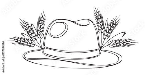 Country gentlemans fedora hat featuring cereal crop ears in a smooth mono line drawing ideal for traditional farm branding and rustic event decor.