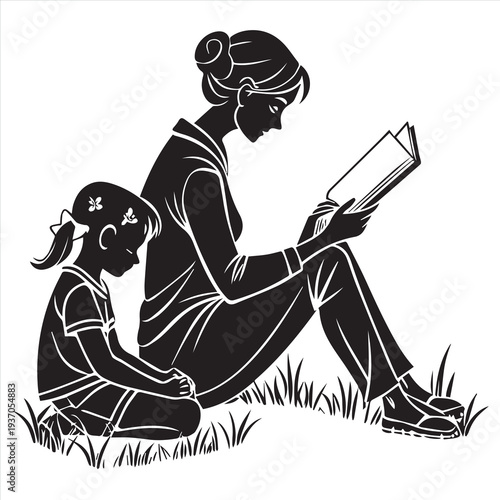 An artistic vector illustration of a person sitting with a laptop and a girl with a book, featuring sketch drawings of a woman, a child, and a boy in a cartoon art style