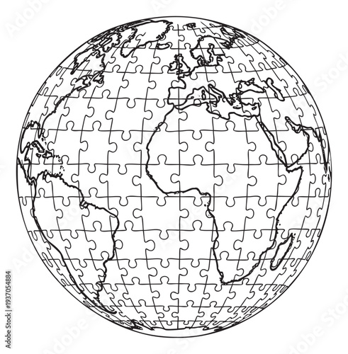 A symbolic black outline drawing of planet Earth represented as a jigsaw puzzle, depicting global unity, connectivity, and complex world issues for educational materials or business