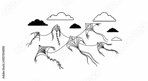 Black and white line art of diverse kites flying amongst clouds