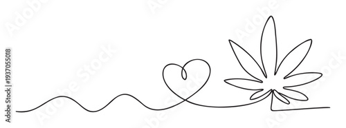 Minimalist continuous line drawing depicting a heart shape flowing into a cannabis leaf, symbolizing love for wellness and natural remedies, ideal for lifestyle blogs, branding, and modern