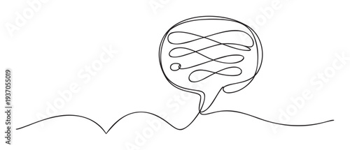 Continuous line drawing of a complex thought process within a speech bubble connected by a wavy abstract line, ideal for illustrating intricate communication or problem solving graphics.