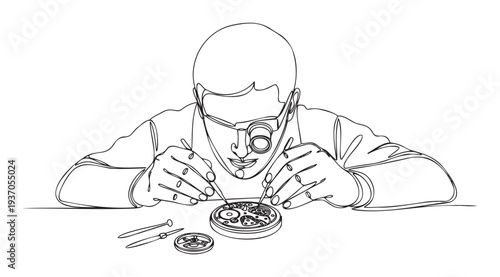 Professional watchmaker carefully assembles intricate clockwork mechanisms using specialized tools and magnifying loupe, perfect for horology, craftsmanship, and repair service promotions