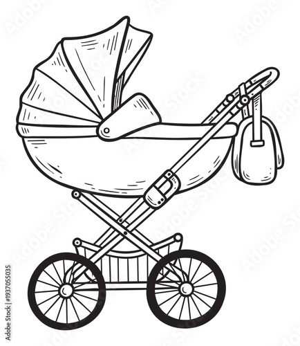 A classic baby carriage drawing featuring a detailed canopy, large wheels, and a hanging bag, perfect for newborn announcements, childrens book designs, and parenting blog visuals.