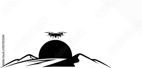 Drone flying over dark mountains at sunset or sunrise