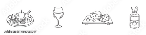 Minimalist hand drawn line icons depicting a tempting snack platter with fruits, an elegant wine glass, a rustic cheese board, and a drink bottle, ideal for restaurant menus and culinary