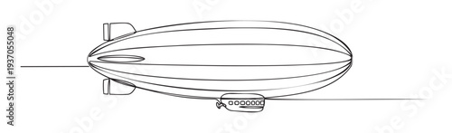 A sleek continuous single line drawing depicting a vintage airship or blimp, perfect for modern transportation themes, technological advancements, or unique branding concepts.