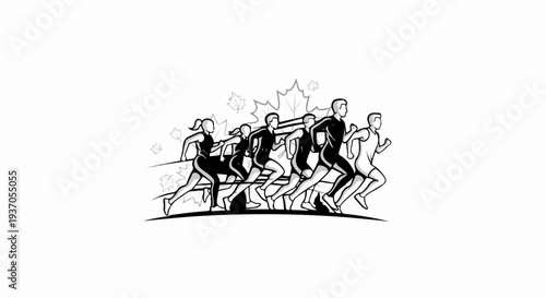 Diverse runners in motion with stylized autumn leaves in background