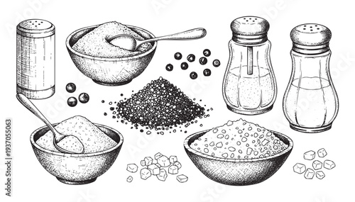 Hand drawn collection of kitchen seasonings featuring salt shakers, pepper shakers, bowls of fine and coarse salt, whole peppercorns, and salt crystals, perfect for cooking blogs,