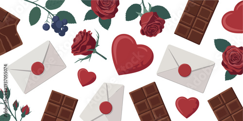 Valentine’s Day love illustration with red roses, chocolate hearts, and romantic elements in flat vector background design