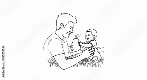 Father and baby share laughter while holding a pear in the grass
