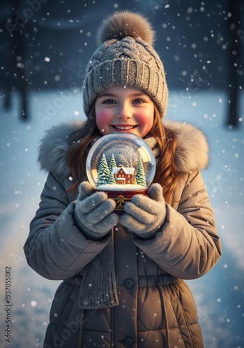 Girl Holding Snow Globe in Snowy Field Wearing Winter Clothing