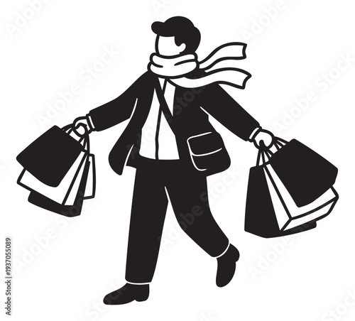 A joyful individual in a coat and scarf is cheerfully walking with numerous shopping bags, perfect for showcasing holiday sales, retail promotions, and successful consumerism campaigns.