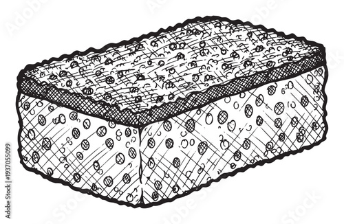 Black and white hand drawn sketch of a textured rectangular object resembling a kitchen sponge or a sweet dessert featuring abstract patterns for culinary branding and product packaging.