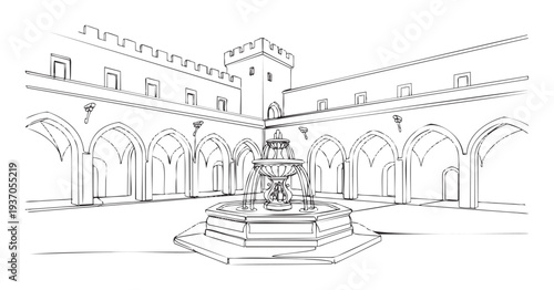 Detailed line drawing of a historic castle courtyard featuring a tiered fountain and arched cloisters, perfect for architectural studies, historical presentations, or decorative prints