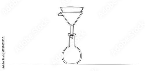Minimalist outline depiction of a laboratory filtration apparatus showing a chemical funnel inserted into a flask ideal for educational materials and science experiments