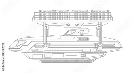 Futuristic Vehicle Design: A detailed illustration of a futuristic vehicle, showcasing a sleek and innovative design with intricate structural elements.