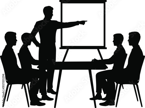 Business presentation meeting silhouette, manager explaining strategy on board to team, corporate training discussion, office teamwork planning concept