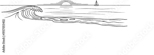Stylized line art of a breaking wave at sunset with a sailboat in the distance