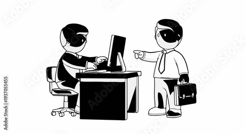 Two businesspeople in a stark, high-contrast illustration, one at a desk, one pointing