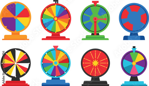 Colorful Lucky Spin Wheel Collection for Casino Game Show Raffle Draw Carnival Prize Decision Maker and Promotional Event Vector Illustration.
