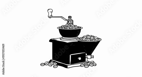 Vintage coffee grinder with beans, ready for preparation