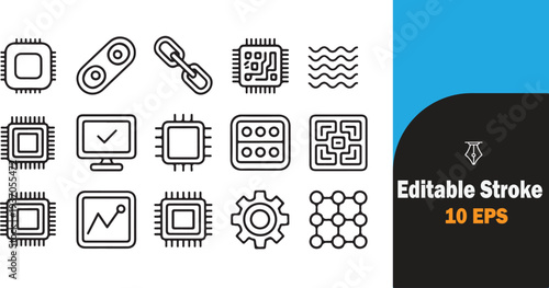 Collection of technology and network related icons with a white background and editable stroke on a blue and black panel