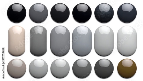 21 oval and sphere buttons showing a gradient of shades of gray and brown, from black to white