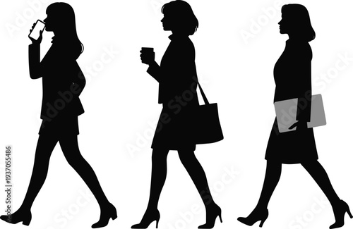 Business woman walking silhouette set drinking coffee holding phone carrying bag office worker female vector illustration
