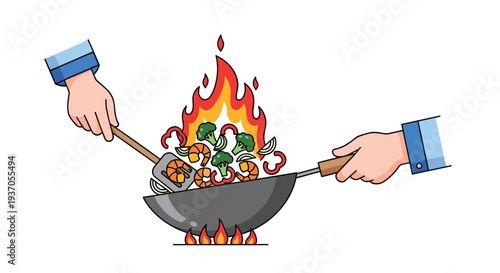 Two hands cook shrimp and vegetables in a wok over flames.