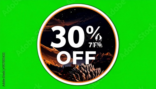 30% OFF graphic with a scenic landscape silhouetted by text, against a bright green background