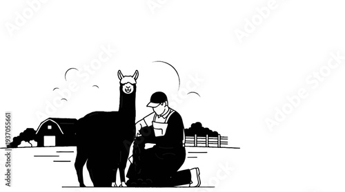 A farmer kneels beside a llama on a farm, with a barn and fence in background