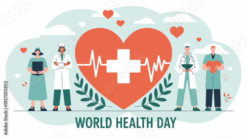 World Health Day illustration with medical professionals and heart symbol