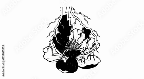 A stylized black and white illustration of a flower with lightning bolt-like elements