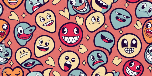 Vibrant cartoon emojis with happy and playful expressions on coral background for backdrop design, emotion background